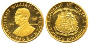 Liberia, Gold $12, 6g, 1965, 70th birthday of the President, (KM 20). Proof.