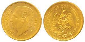 Mexico, Gold 5 Pesos, 4.15g, 1918 (KM 464). About Uncirculated.