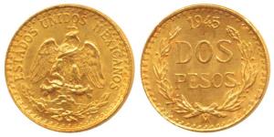 Mexico, Gold Dos or 2 Pesos, 1.69g, 1945, eagle holding a snake in its beak (KM 461). Unci