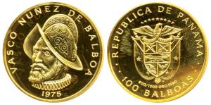 Panama, Gold 100 Balboas, 8.16g, 1975, 500th Anniversary of the birth of Balboa (KM 41). P