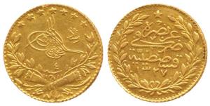 Turkey, Gold 25 Kurush, 1.78g, AH 1327, Tughra legend, (KM 752). Extremely Fine.