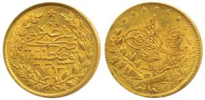 Turkey, Gold 50 Kurush, 3.62g, AH 1293, Year 14 (KM 731). About Uncirculated.