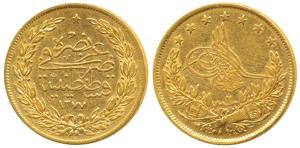 Turkey, Abdul Aziz, Gold 100 Kurush, 7.06g, AH 1277, Year 2 (KM 696). About Extremely Fine
