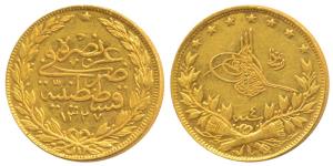 Turkey, Muhammad V, Gold 100 Kurush, 7.02g, AH 1327, Year 4 (KM 754). About Uncirculated.