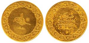 Turkey, Gold 250 Kurush, 15.8g, Qustantiniyah Mint, AH 1327/5, obv Tughra, Monnaie de Luxe