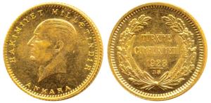 Turkey, Ataturk, Gold 50 Kurush, 3.56g, Ankara, 1961 (KM 853). Brilliant Uncirculated.