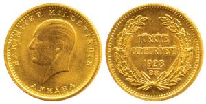 Turkey, Ataturk, Gold 100 Kurush, 7.16g, Ankara, 1961 (KM 855). Brilliant Uncirculated.