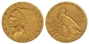 United States of America, Gold 21/2 Dollar, 4.11g, Indian Head on obv., 1909. Very Fine+, 