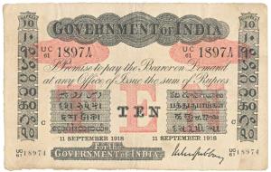 Government of India, Uniface, Rupees 10, red under print, Calcutta Circle, signed M.M.S. G