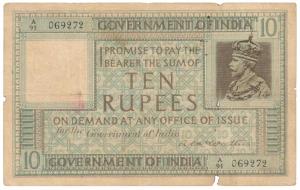 George V, Rupees 10, 1st issue, 1923, signed A. C. McWatters, prefix A, serial number in t