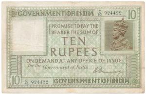 George V, Rupees 10, 1st issue, 1925, signed H. Denning, serial number in top right corner
