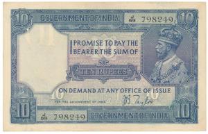 George V, Rupees 10, 2nd issue, 1926, signed J. B. Taylor, (J&R 7.2). Extremely Fine, Scar