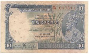 George V, Rupees 10, 3rd issue, 1935, signed J. B. Taylor, (J&R 8.1B). Stains on both side