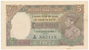 George VI, Rupees 5, 1st issue, 1944, signed C. D. Deshmukh (J&R 3.2). A slight rust mark 