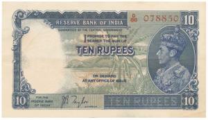 George VI, Rupees 10, 1st issue, 1938, signed J. B. Taylor (J&R 5.1). A light horizontal s