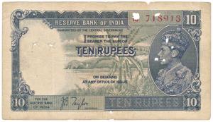 George VI, Rupees 10, 1st issue, 1938, signed J. B. Taylor (J&R 5.1). Good.