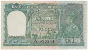 Burma, George VI, Rupees 10, 1938, signed J. B. Taylor, green colour (J&R 5.1). About Extr