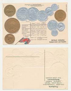Embossed Postcard with impression of British India & British Ceylon coins. Printed in the 