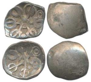 Punch-Marked, Gandhara Janapada (c. 400 BC), Silver Shana (2), single six armed symbol on 