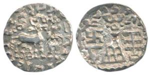Kunindas, Amoghabhuti, Silver Drachma, 2.04g, obv. deer standing to right with deer standi