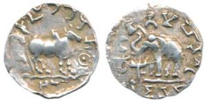 Audumbara, Mahadeva, Silver Drachm, 2.14g, obv. humped bull facing right, with a dotted ci