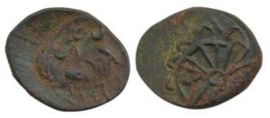Pallavas of Kanchi (5th century AD), Potin, 2.23g, humped bull standing right with Brahmi 