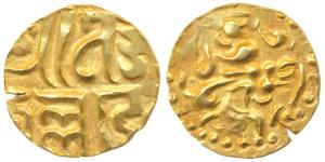 Kalachuris of Ratnapura, Jajjalla Deva (AD 1160-1168), Base Gold Dinar, 3.62g, a tiger mou