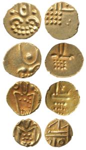 Veera Raya, Coorg, Gold Fanam (4), obv. stylized lion standing right with crescent above; 