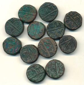 Akbar, Copper Chau Tanki (12), each 15 to 15.75g, Ahmedabad Mint, complete set of 12 diffe