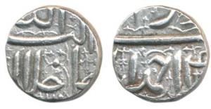 Akbar, Silver ½ Rupee, 5.69g, Ahmedabad Mint, Ilahi type, Month Azar, Year 4x (KM 66.1). E