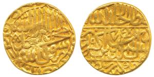 Akbar, Gold Mohur, 9.93g, Dar-ul-sultanate Lahore Mint, AH 975, Kalima on obv. (KM 106.5).