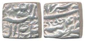 Akbar, Silver Square Rupee, 11.23g, Tatta Mint, Ilahi type, Month Tir, Year 44 (KM 88.7). 
