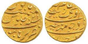 Aurangzeb, Gold Mohur, 10.96g, Burhanpur Mint, RY 21, complete mint name at bottom (KM.315