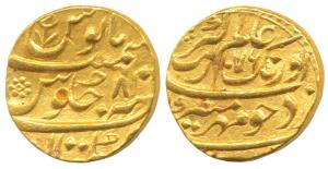 Aurangzeb, Gold Mohur, 10.89g, Multan Mint, AH 1076/8, a flower symbol at top on rev. (KM 