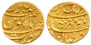 Aurangzeb, Gold Mohur, 11.06g, Surat Mint, AH XX79, an unusual mark in centre, Mihr-e-muni