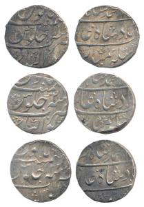 Muhammad Shah, Silver Rupee (3), Gwalior Mint, RY 17, 21 and 23, complete mint name at bot