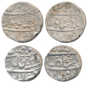 Muhammad Shah, Silver Rupee (2), 11.56g, Murshidabad Mint, AH 1144/14; Allahabad Mint, RY 