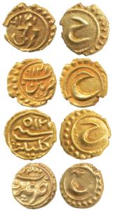 Tipu Sultan, Gold Fanam (4), Pattan, Nagar, Kalikut and Farukhi Mint, AM 1219, 1200, 1215 