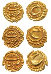 Tipu Sultan, Gold Fanam (3), Patan Mint, ME 1216, 1217 and 1218 (KM 128.1). Extremely Fine