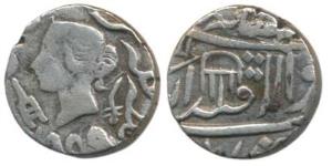 Silver ½ Rupee, 5.18g, 1859, with the name and portrait of Queen Victoria, an umbrella on 