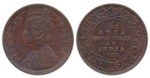 Narayan Rao (1864-1892), Copper 1/12 Anna, with the name and portrait of Victoria, 1888 (K