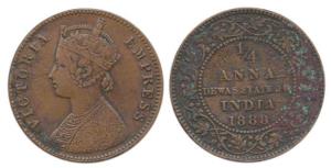Narayan Rao, Copper ¼ Anna, with the name and portrait of Victoria, 1888 (KM 3). Very Fine