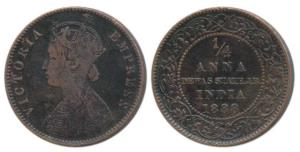 Narayan Rao, Copper ¼ Anna, with the name and portrait of Victoria 1888. Very Fine, Rare.