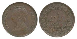 Krishnaji Rao (1860-1899 AD), Copper ¼ Anna, with the name and portrait of Victoria, 1888 