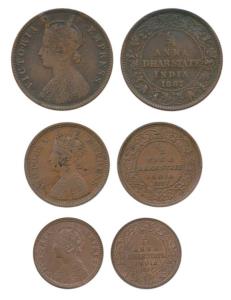 Anand Rao III, Copper ¼ Anna, ½ Pice and 1/12 Anna, Calcutta Mint, with the name and portr