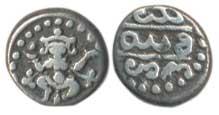 British Protectorate issue, Silver 1/3 Pavali, 0.86g, dancing Chamundi on obv., kannada le