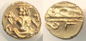 Krishna Raja Wodeyar, Gold Fanam, 0.38g, obv. Seated Narasimha; rev. Kanarese legend, Kant
