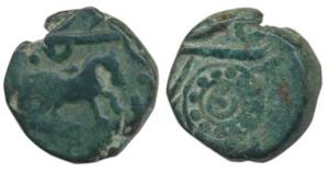 Annonymous, Copper Paisa, 10.5g, horse walking to right on obv., Ra’ej on rev. About Very 
