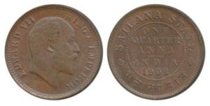 Jaswant Singh (1890-1918 AD), Copper ¼ Anna, 4.74g, with the name and portrait of Edward, 