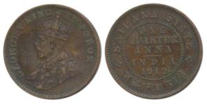 Jaswant Singh, George V, Copper ¼ Anna, 1912.Very Fine+, Scarce.